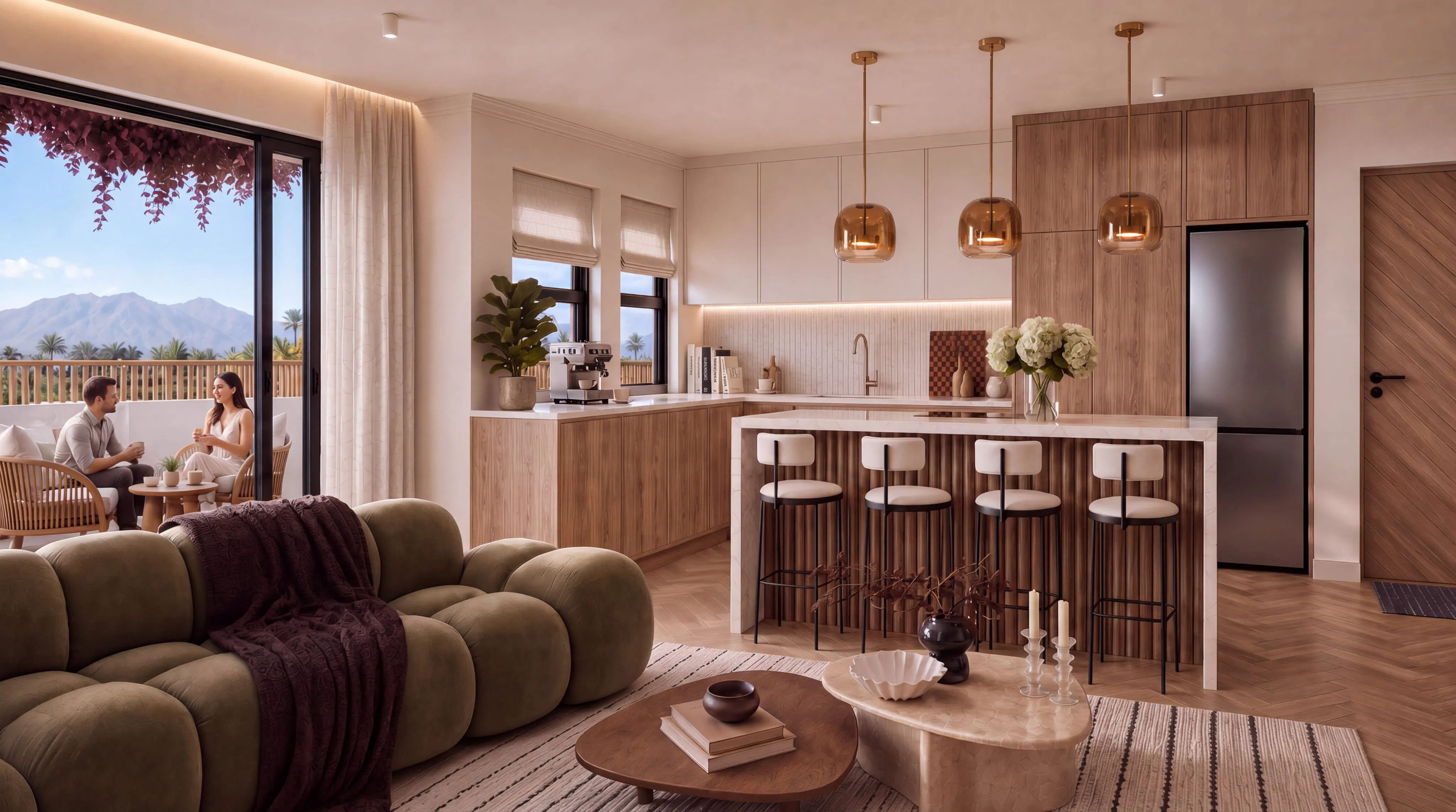 Kitchen with fluted island and open living beyond