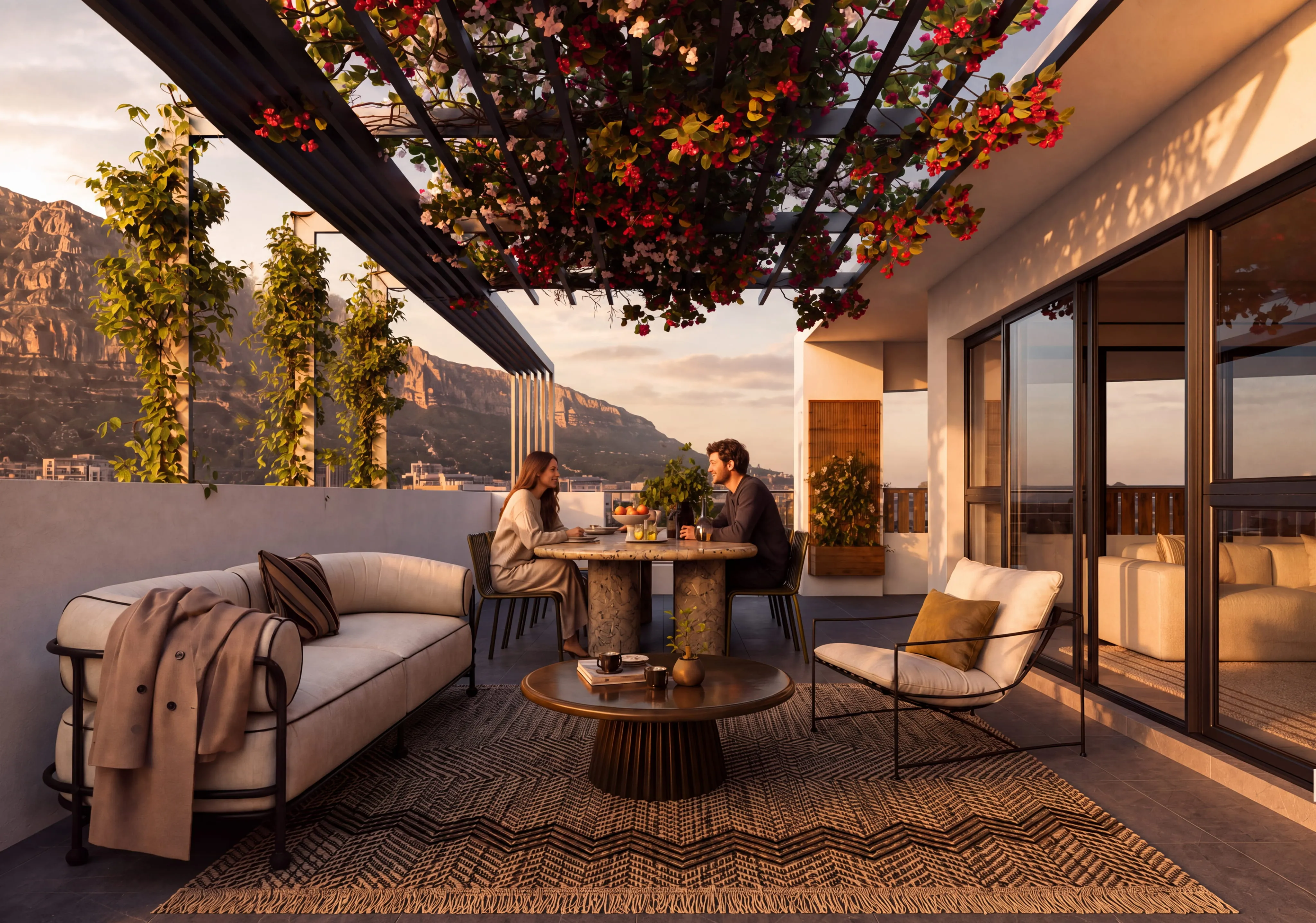 Living space opening onto a pool and mature planting