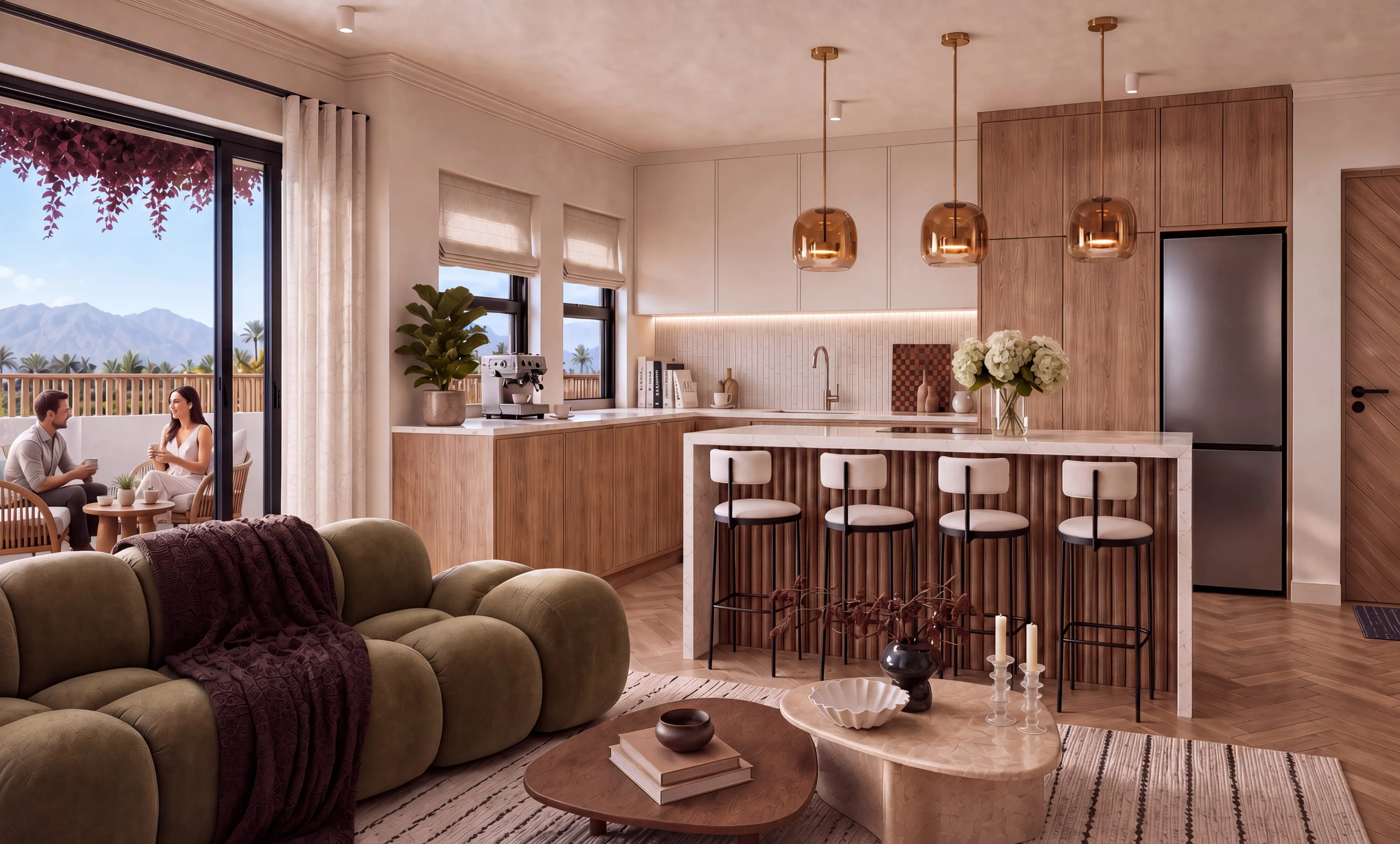 Kitchen with fluted island and open living beyond